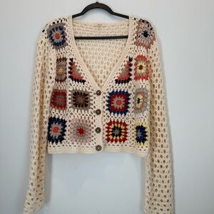 Debut Crochet Cream Granny Square Cardigan Sweater size M